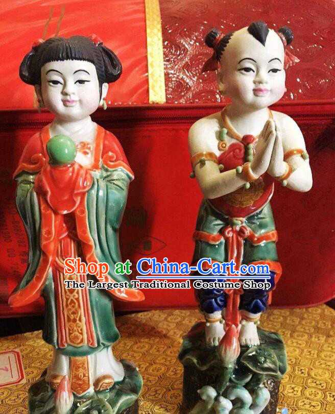 Chinese Shi Wan Ceramic Craft Long Lv Hong Hai Er Statues