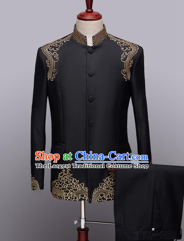 Chinese Wedding Suits Traditional Tang Zhuang Embroidered Costumes Groom Black Clothing