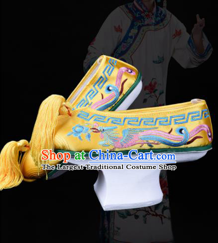 Chinese Qing Dynasty Empress Embroidery Phoenix Shoes Traditional Opera Yellow Satin Shoes Beijing Opera Diva Embroidered Shoes