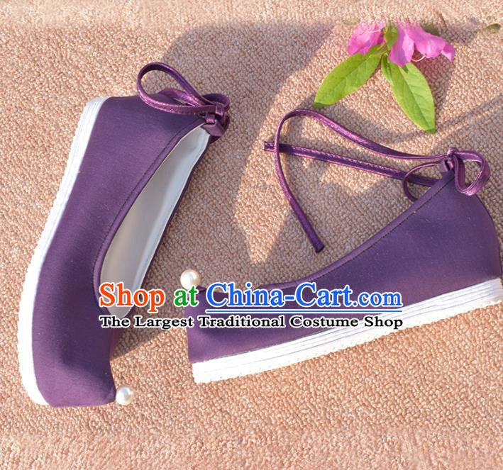 China Ancient Princess Purple Shoes National Women Bow Shoes Traditional Wedding Hanfu Shoes