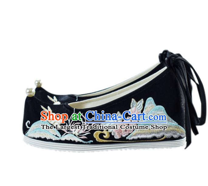 China Ancient Princess Shoes National Black Embroidered Shoes Traditional Ming Dynasty Hanfu Shoes