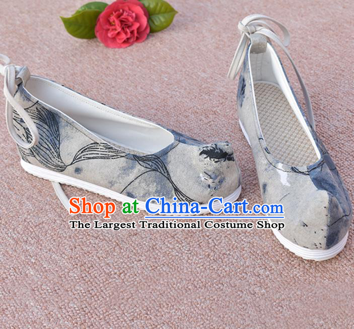 China Traditional Ming Dynasty Hanfu Bow Shoes National Grey Cloth Shoes Ancient Princess Shoes