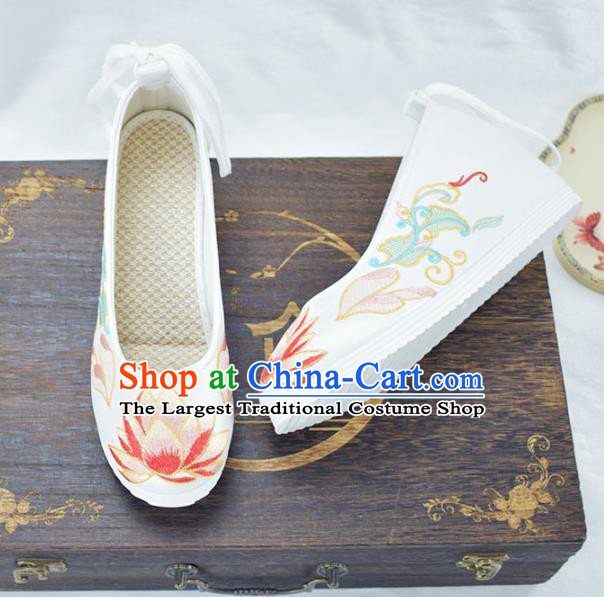 China National Embroidered Lotus Shoes White Cloth Shoes Traditional Hanfu Increased Shoes