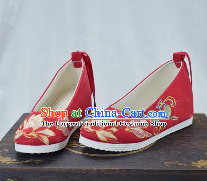 China Traditional Hanfu Increased Shoes National Embroidered Lotus Shoes Red Cloth Shoes