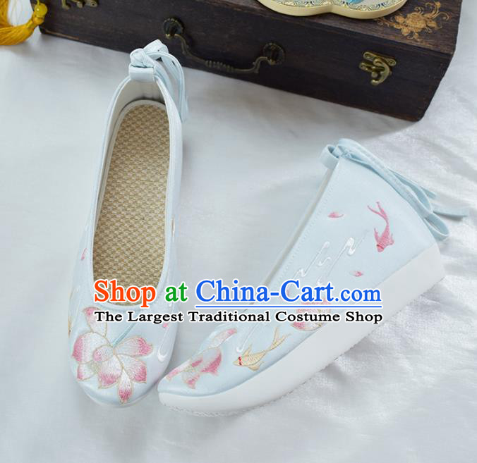 China National Lantern Festival Shoes Traditional Embroidered Lotus Shoes Women Light Blue Cloth Shoes