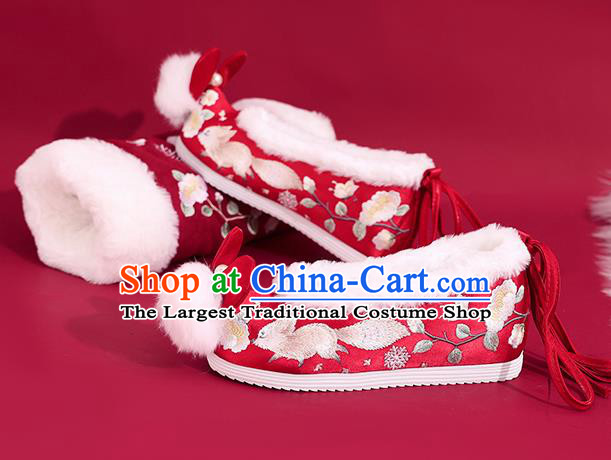 China Embroidered Squirrel Shoes Princess Shoes Traditional Rabbit Ear Shoes National Winter Red Shoes