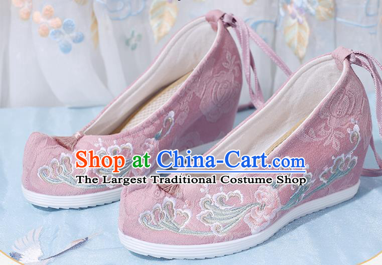 China National Wedge Heel Shoes Traditional Pink Cloth Shoes Embroidered Shoes