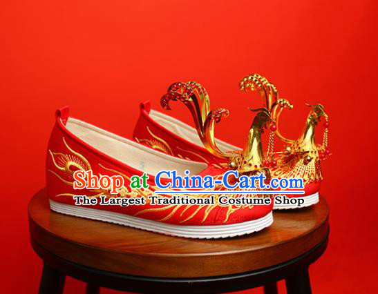 China Golden Phoenix Shoes Traditional Wedding Shoes Handmade Bride Red Satin Shoes