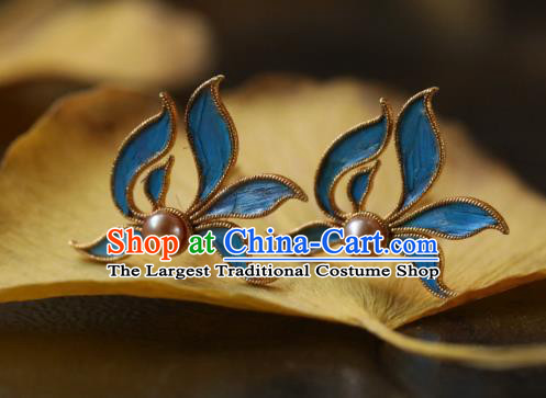 Chinese Traditional Ming Dynasty Silver Earrings Accessories Ancient Empress Cloisonne Orchid Ear Jewelry