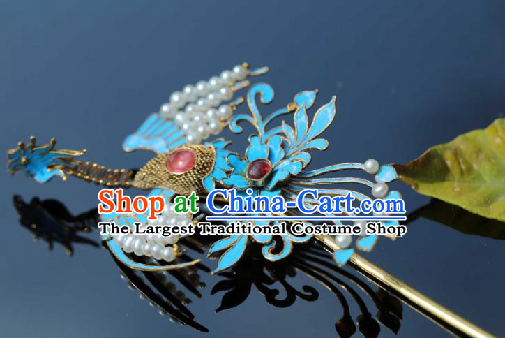 Chinese Hanfu Hair Accessories Ancient Ming Dynasty Empress Cloisonne Phoenix Hair Stick Traditional Court Tassel Hairpin