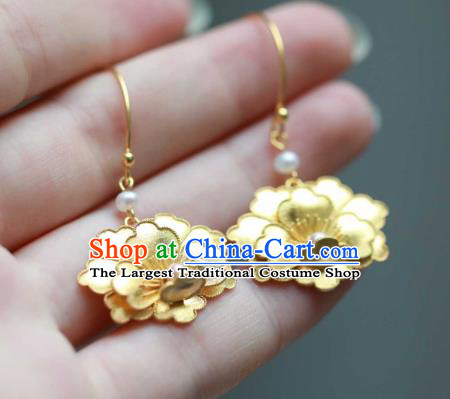 Chinese Traditional Ming Dynasty Golden Peony Earrings Accessories Ancient Empress Pearls Ear Jewelry