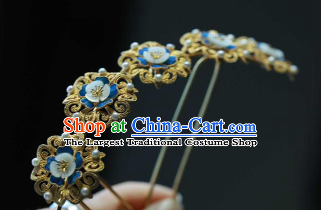 Chinese Traditional Blueing Plum Blossom Hairpin Ancient Qing Dynasty Hair Stick Handmade Hair Accessories