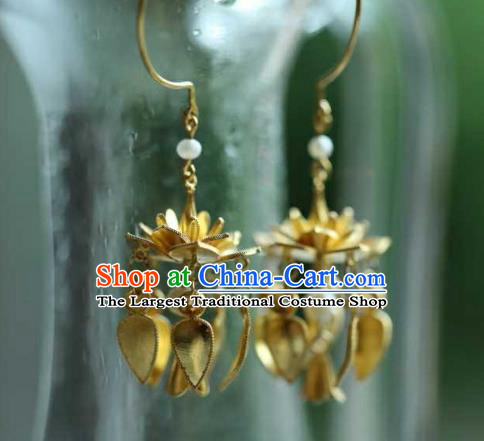 Chinese Traditional Ming Dynasty Tassel Earrings Accessories Ancient Empress Golden Lotus Ear Jewelry