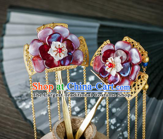 Chinese Ancient Princess Red Plum Hair Stick Traditional Ming Dynasty Golden Tassel Hairpin