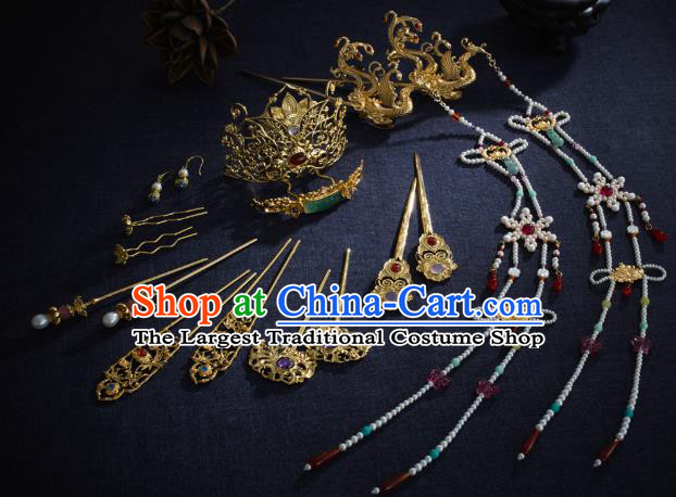 Chinese Ancient Wedding Hair Accessories Traditional Ming Dynasty Empress Hair Crown and Golden Phoenix Tassel Hairpin