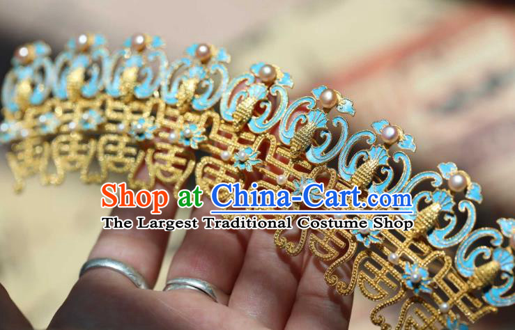 Chinese Ancient Empress Cloisonne Phoenix Hair Crown Handmade Hair Accessories Traditional Ming Dynasty Pearls Hairpin