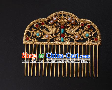 Chinese Traditional Tang Dynasty Empress Pearls Hairpin Ancient Queen Golden Phoenix Hair Comb