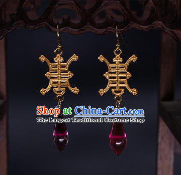 Chinese Ancient Court Empress Wine Red Coloured Glaze Ear Jewelry Traditional Qing Dynasty Earrings Accessories