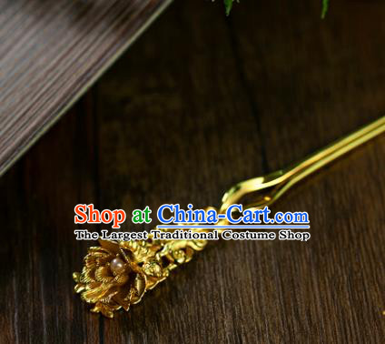 Chinese Ancient Court Woman Pearl Hair Stick Traditional Ming Dynasty Wedding Golden Hairpin