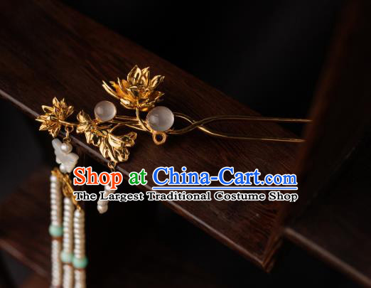 Chinese Ancient Song Dynasty Empress Golden Lotus Hairpin Traditional Hanfu Pearls Tassel Hair Stick