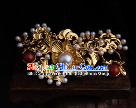 Chinese Ancient Ming Dynasty Princess Golden Hairpin Traditional Hanfu Pearls Hair Comb