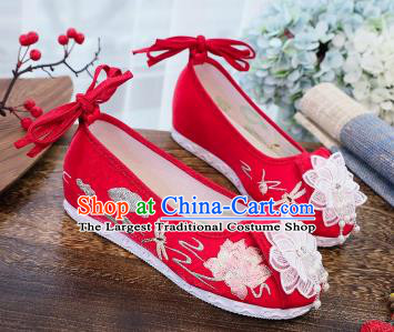 China Embroidered Lotus Shoes Traditional Hanfu Shoes Handmade National Red Cloth Shoes