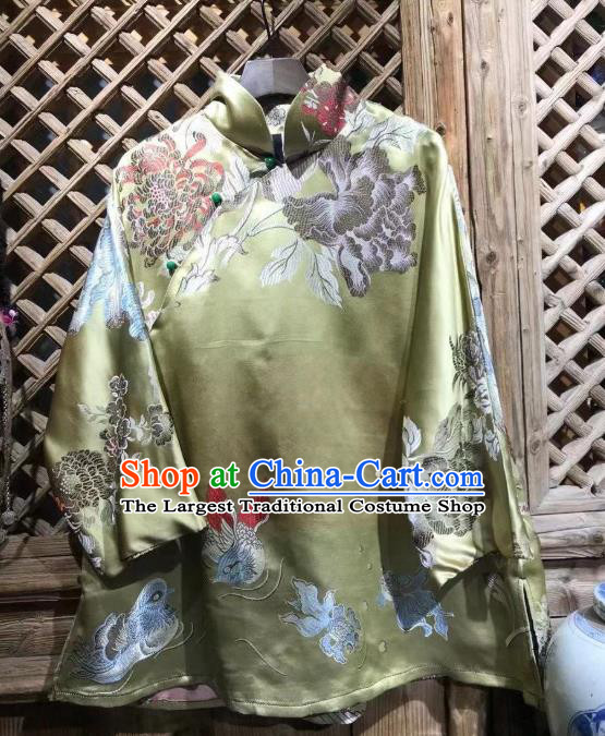 China Classical Mandarin Duck Pattern Coat Traditional Green Silk Jacket National Tang Suit Upper Outer Garment