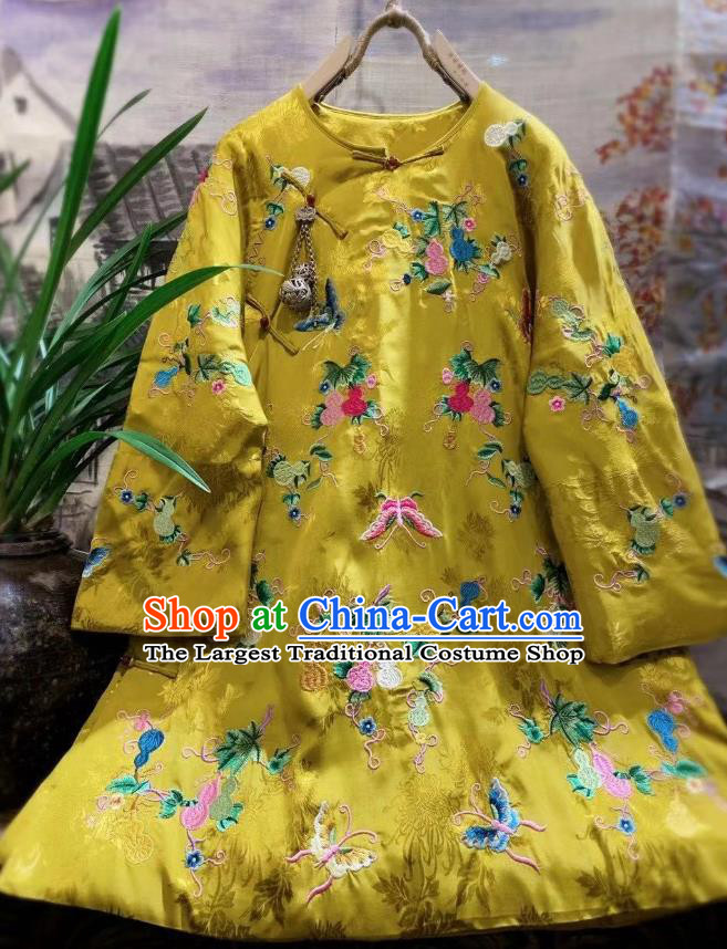 China National Outer Garment Tang Suit Yellow Satin Cotton Padded Coat Traditional Embroidered Butterfly Jacket