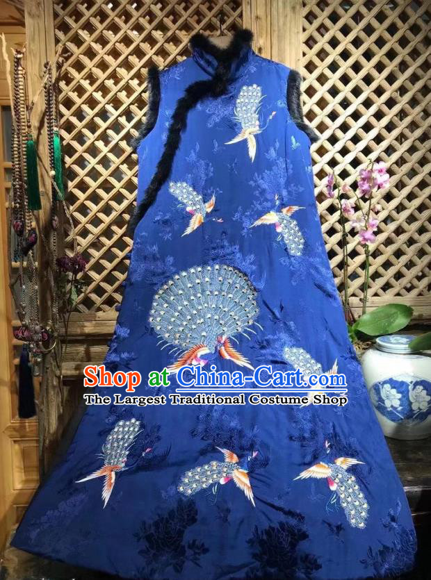 Chinese National Royalblue Silk Qipao Dress Traditional Embroidered Peacock Cheongsam Clothing