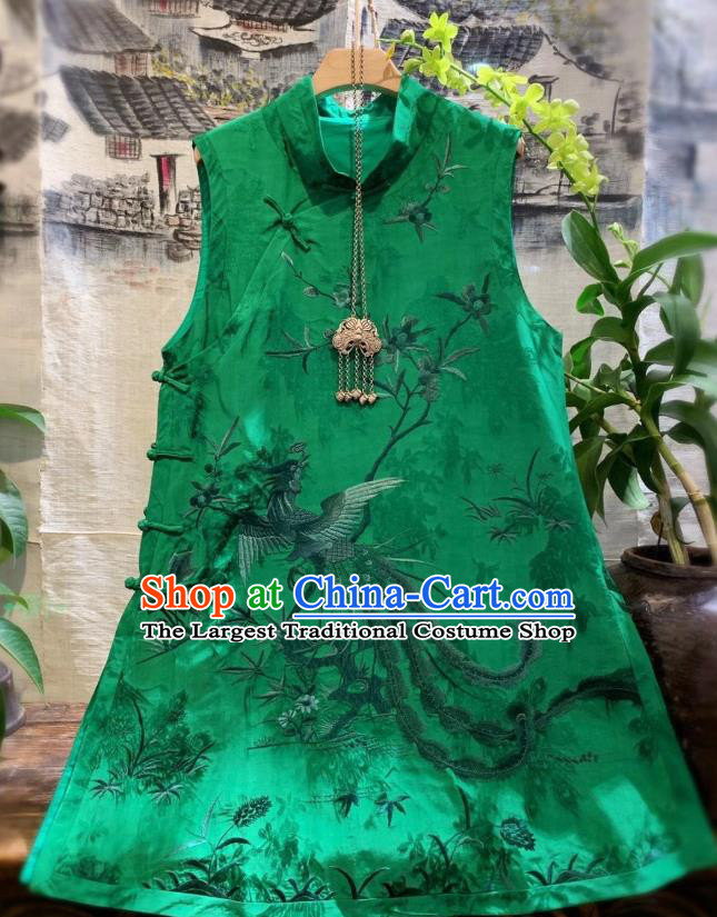 China Embroidered Phoenix Vest Tang Suit Green Silk Waistcoat National Clothing