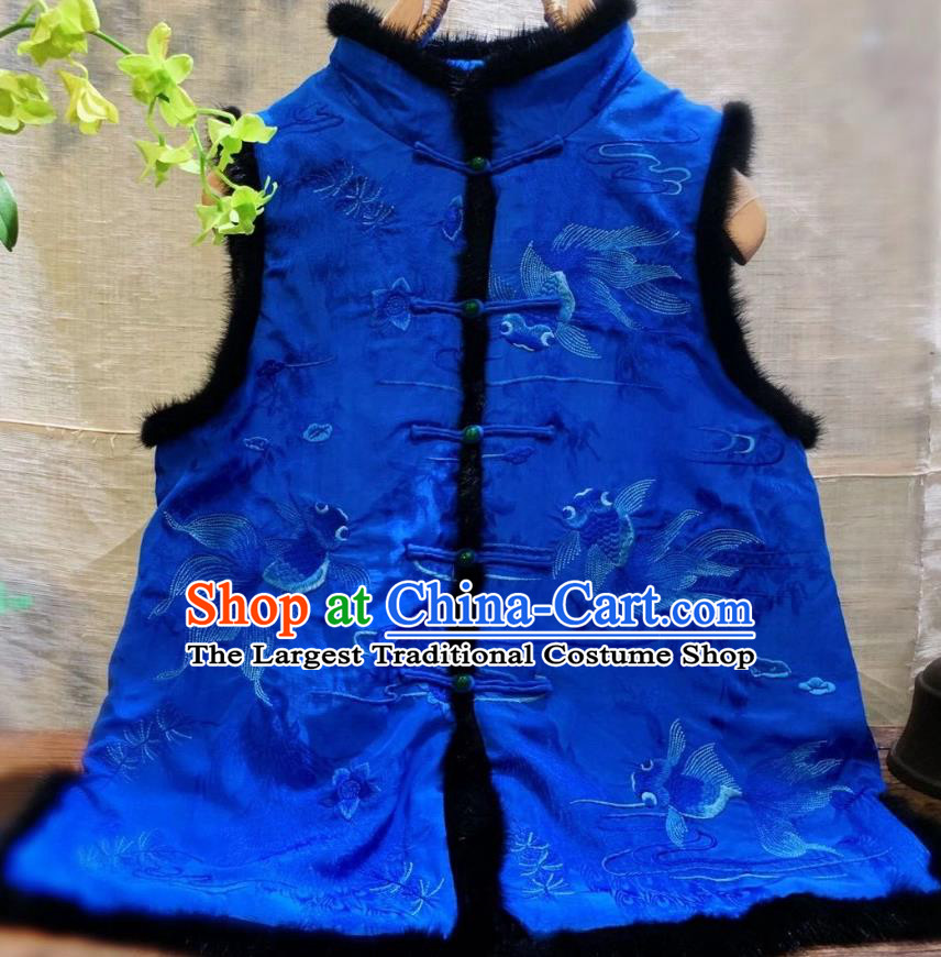 China Tang Suit Royalblue Silk Waistcoat National Winter Clothing Embroidered Goldfish Vest