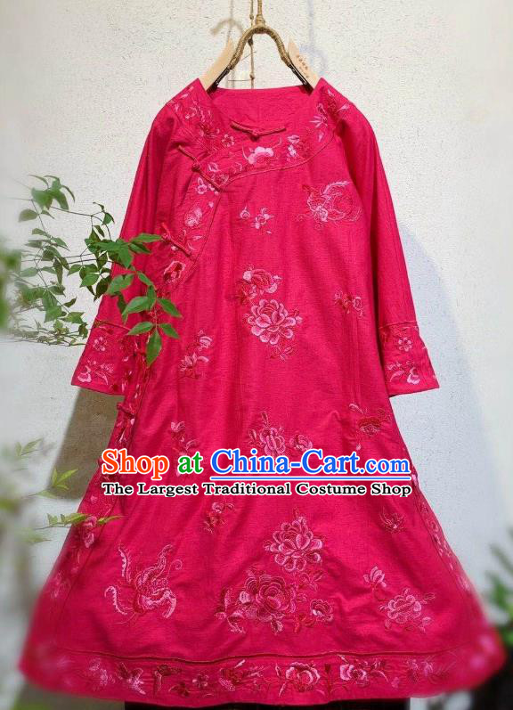 Chinese National Clothing Embroidered Rosy Flax Qipao Dress Traditional Round Collar Cheongsam