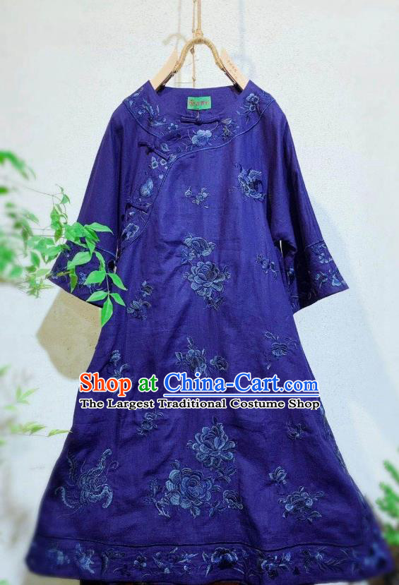 Chinese Traditional Round Collar Cheongsam National Clothing Embroidered Deep Blue Flax Qipao Dress