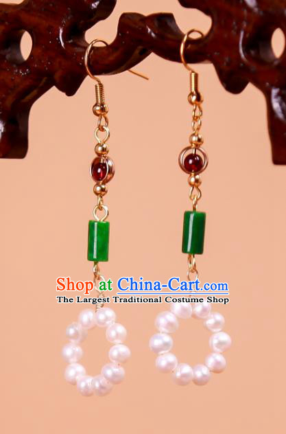 China Traditional Cheongsam Pearls Earrings Ancient Princess Jade Ear Jewelry