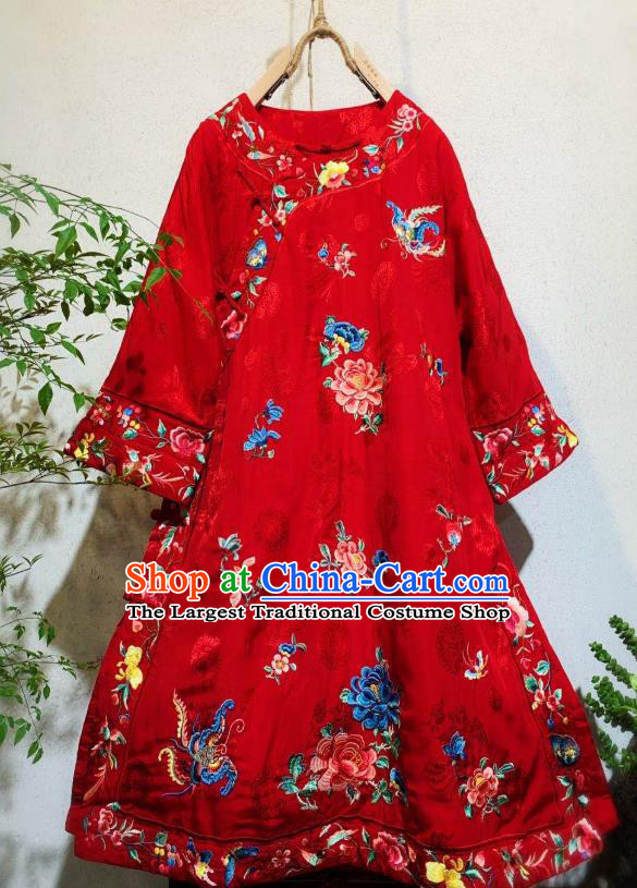 Chinese Traditional Embroidered Peony Red Silk Cheongsam Clothing National Wedding Qipao Dress