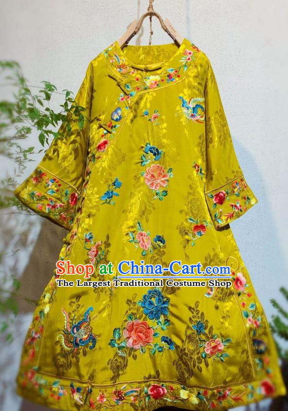 Chinese Traditional Qing Dynasty Embroidered Peony Cheongsam Clothing National Golden Silk Qipao Dress