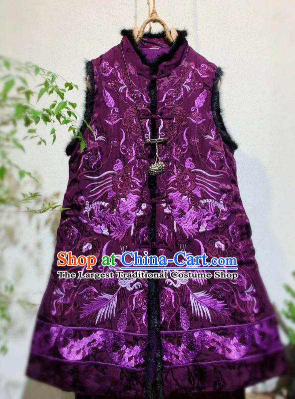 China Tang Suit Cotton Padded Waistcoat National Winter Clothing Embroidered Purple Silk Vest