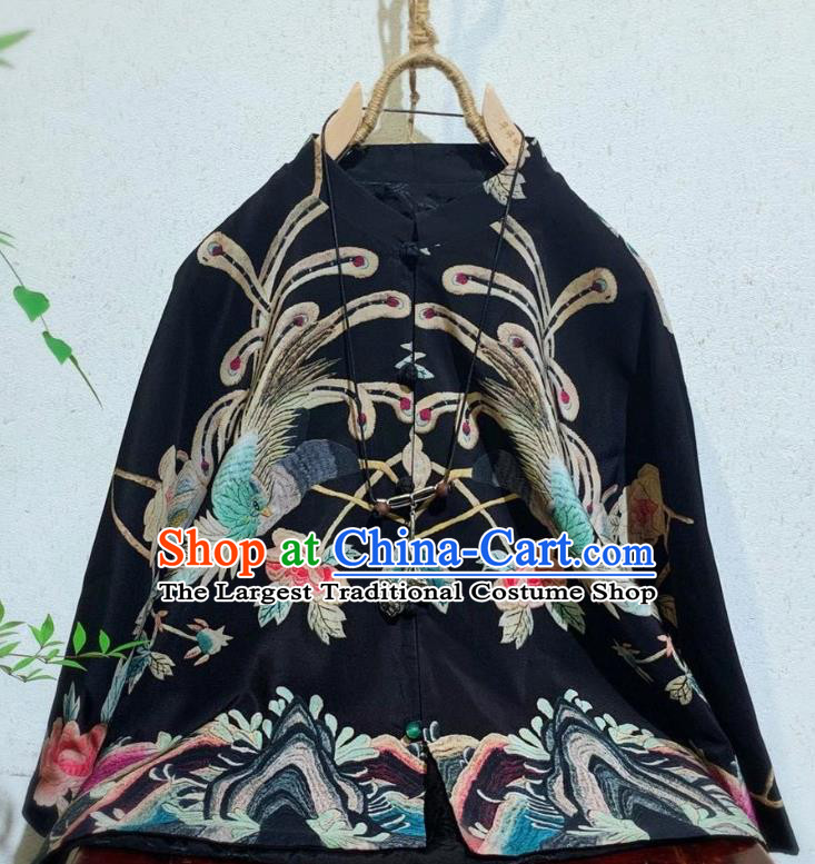 China Traditional Black Silk Coat Tang Suit Upper Outer Garment Clothing National Printing Phoenix Jacket