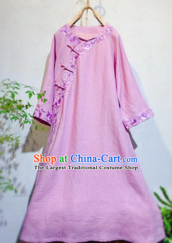 Chinese Traditional Long Cheongsam National Woman Clothing Embroidered Pink Flax Qipao Dress