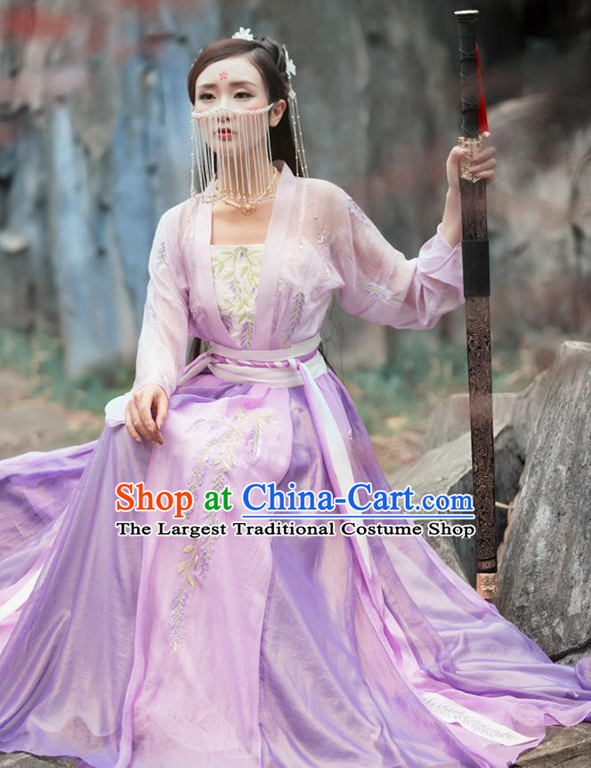 China Ancient Female Swordsman Hanfu Clothing Traditional Ming Dynasty Chivalrous Lady Purple Dress