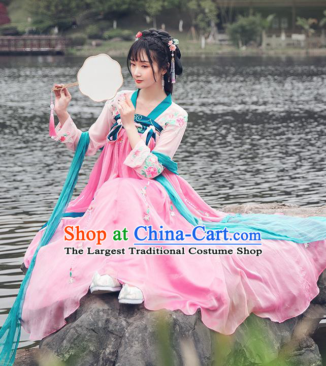 China Traditional Tang Dynasty Palace Lady Pink Hanfu Dress Ancient Young Beauty Costume