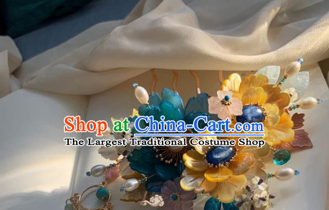 Chinese Handmade Lapis Pearls Hairpin Traditional Ming Dynasty Princess Shell Flowers Tassel Hair Comb