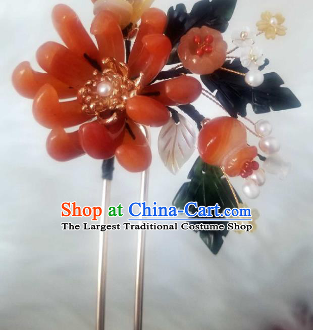 Chinese Handmade Red Chrysanthemum Hairpin Traditional Ming Dynasty Princess Ceregat Pearls Hair Stick