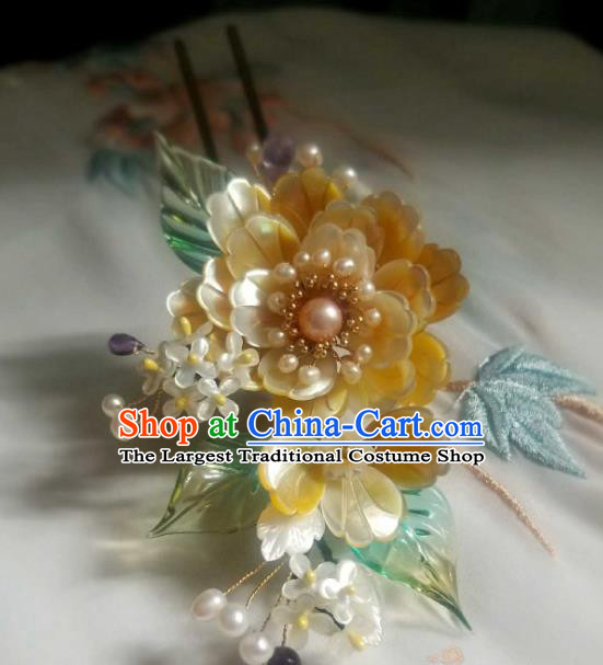 Chinese Handmade Yellow Shell Peony Hairpin Traditional Ming Dynasty Osmanthus Hair Stick