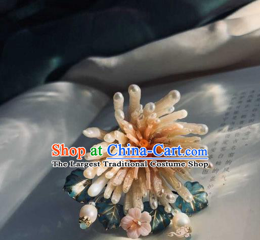 Chinese Handmade Pearls Hair Stick Traditional Song Dynasty Empress Shell Chrysanthemum Hairpin