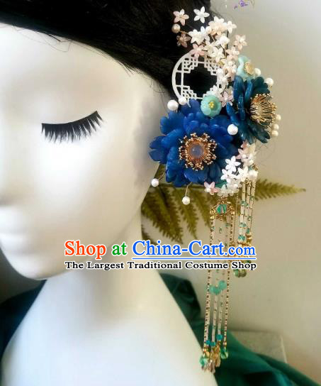 Chinese Handmade Blue Shell Peony Hairpin Traditional Ming Dynasty Princess Osmanthus Tassel Hair Stick