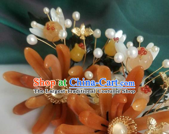 Chinese Handmade Ceregat Pearls Hairpin Traditional Ming Dynasty Princess Red Chrysanthemum Hair Stick