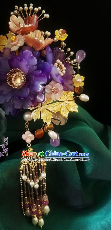 Chinese Handmade Purple Peony Hairpin Traditional Ming Dynasty Princess Pearls Tassel Hair Clip