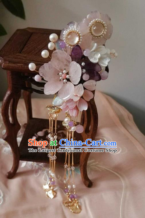 Chinese Handmade Peach Blossom Tassel Hairpin Traditional Song Dynasty Princess Rose Quartz Hair Stick