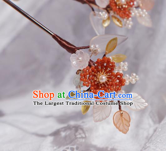 Chinese Handmade Red Beads Hairpin Traditional Ming Dynasty Princess Shell Leaf Hair Stick